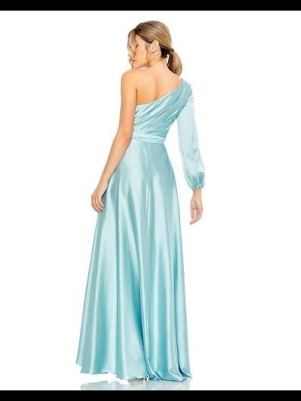 Mac Duggal One-Shoulder High-Low Satin Dress in French Blue - Picture 2 of 6